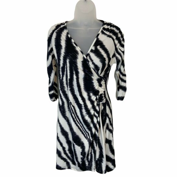 Ruched BodyCon Dress Madison Paige Women's Black White Faux Wrap Skirt sz Small - Picture 1 of 16
